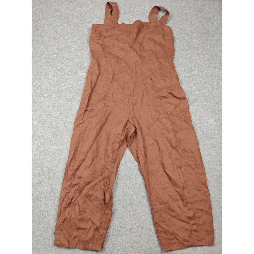 Everlane Jumpsuit Womens 16 Brown Linen Square Neck Sleeveless Wide Leg Pockets